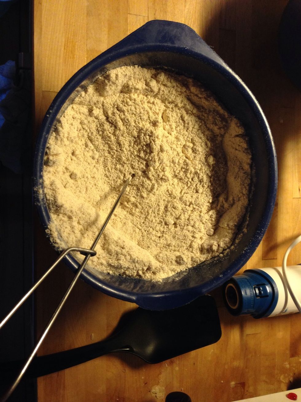 Mix all the dry ingredients in a bowl and the same with the wet.