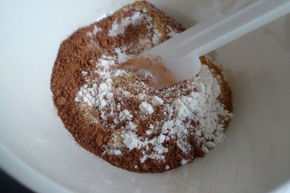 Mix all the DRY ingredients in a larger bowl: flour, brown sugar, baking powder, salt, ground cinnamon and cocoa powder.