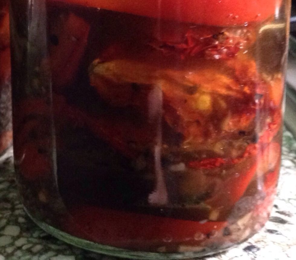 Mix all the ingredients in the glass recipients. You have to wait between 1 or 2 days to eat it. Keep it in the refrigerator. You can eat it with crackers, bread, toasts.