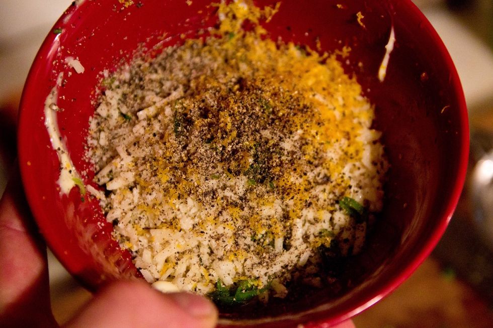 Mix all the ingredients together. Well all except the salmon ya silly. Add as much salt and pepper as you like. I love fresh cracked pepper, so I use about a teaspoon to the mixture, use less salt.