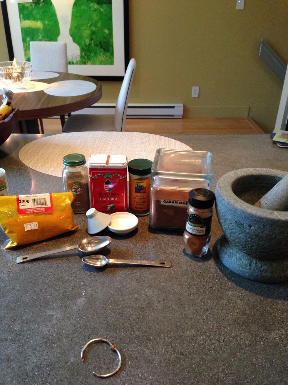 Mix all the spices together. I like to mix them in my mortar and mash them up with my pestle to get the flavour out but that's optional.