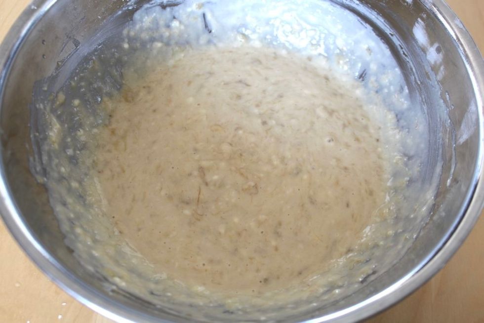 Mix all the wet ingredients together and make sure the banana is all mashed without any lumps