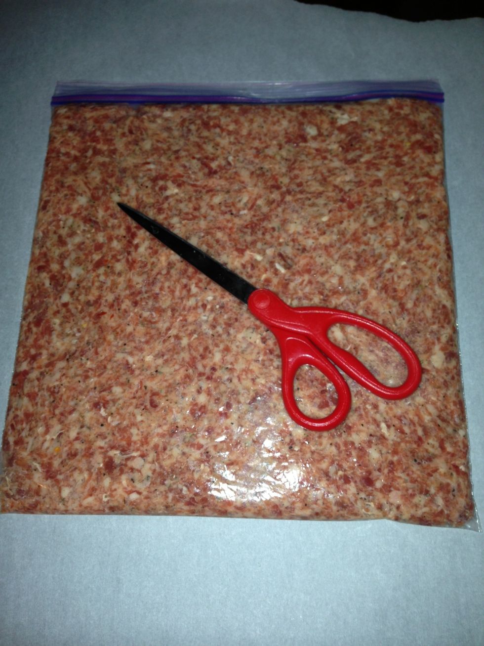 Mix and flatten out the sausage all within the bag.  It will be easier to flatten the more air is out of the bag.  Then unzip and cut the sides to be able to remove the sausage patty.