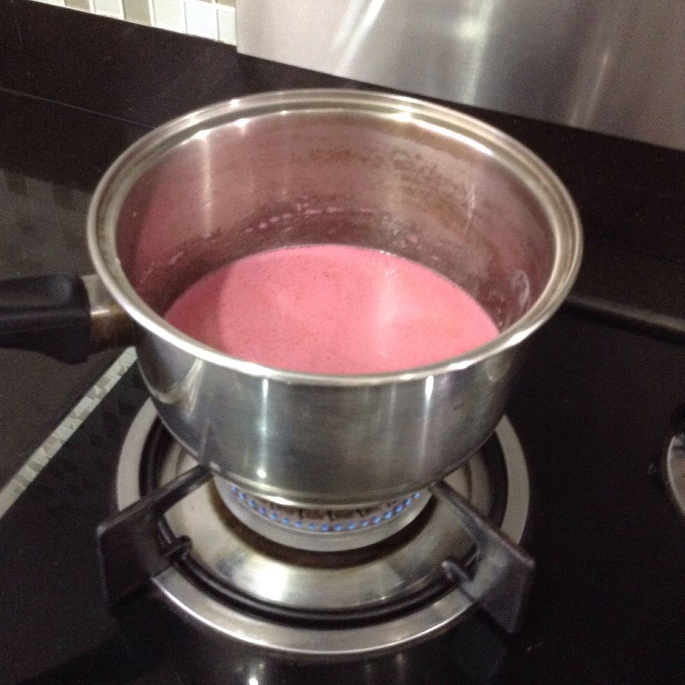 Mix and pour into a sauce Pan! Keep the fire on MEDIUM and stir. Don't panic your mixture will be very watery at this step. Add in a few drops of food coloring.