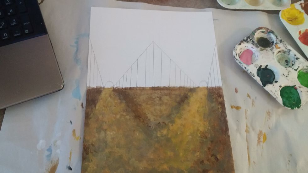 Mix another color you see on the ground and dab and dot this into the ground color. work the colors together by blending. This gives the ground texture.