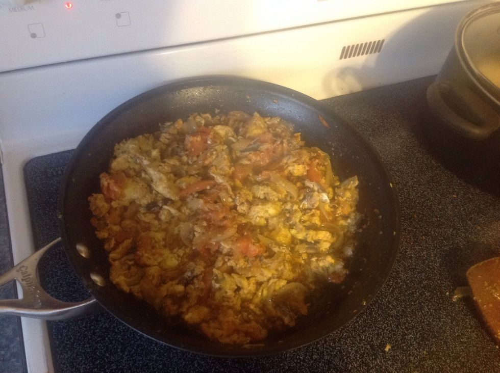 Mix as you would scrambled eggs. This is what it should look like, cook over med heat, stirring often.