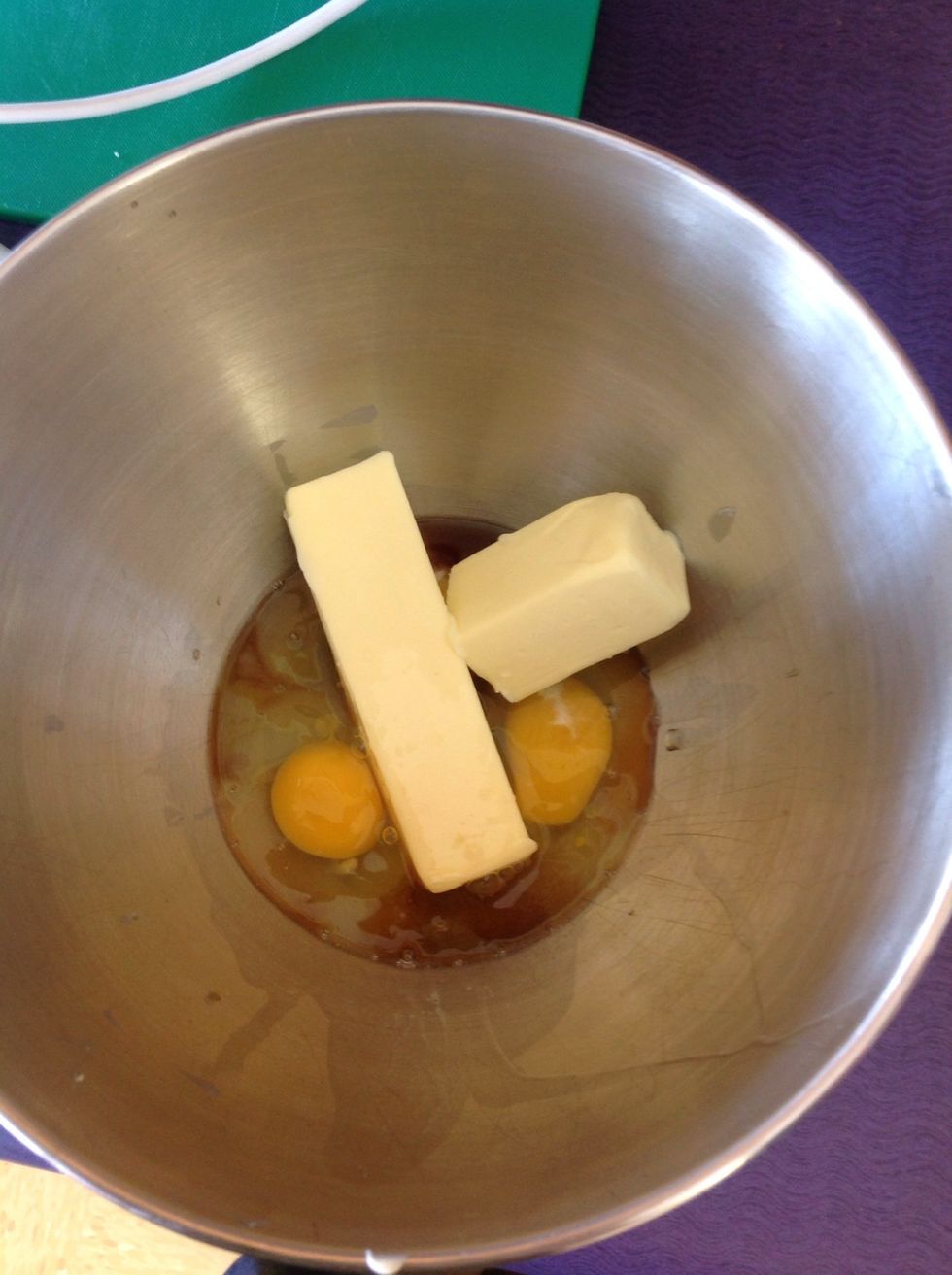 Mix butter, eggs, vanilla