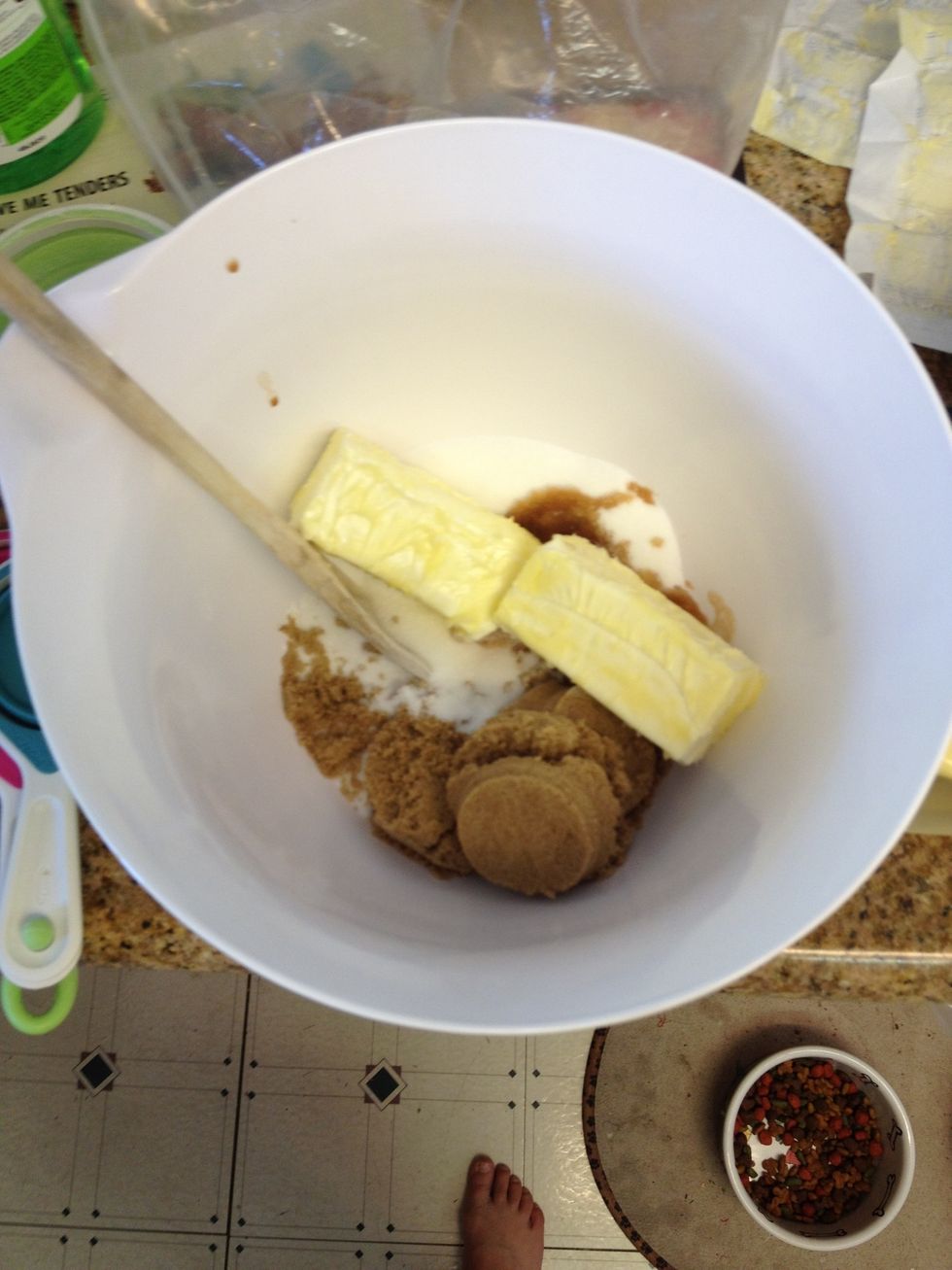 Mix butter(room temperature and soft enough to mix), granulated sugar, brown sugar, and vanilla extract into your large mixing bowl. Beat until creamy.