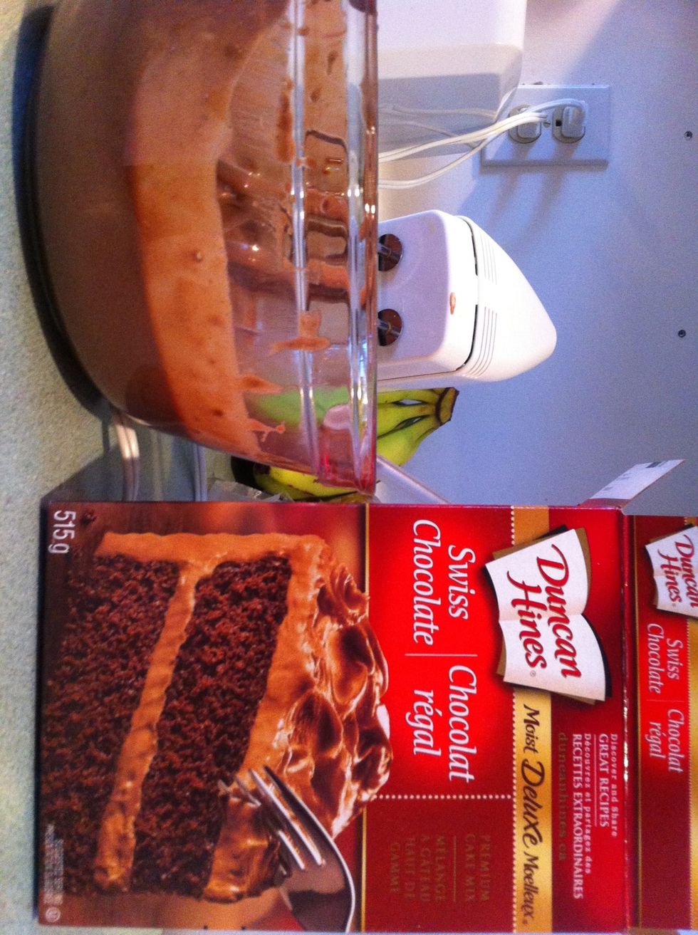 Mix cake as directed on back of box. You'll need eggs, water and oil.