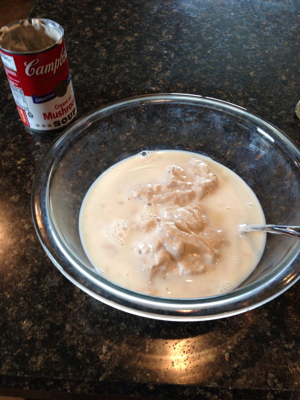Mix can of mushroom soup with milk (fill the soup can 3/4 with milk) until blended.