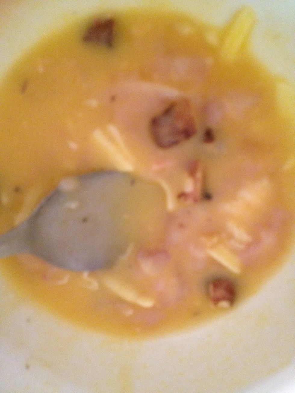 Mix chicken soup, cheese, mushroom and add hot water (just to soften the mixture,don't make it too watery)