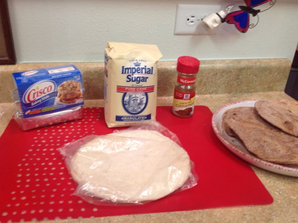 Mix cinnamon with sugar. Ready made tortillas, saves many steps in making from scratch.