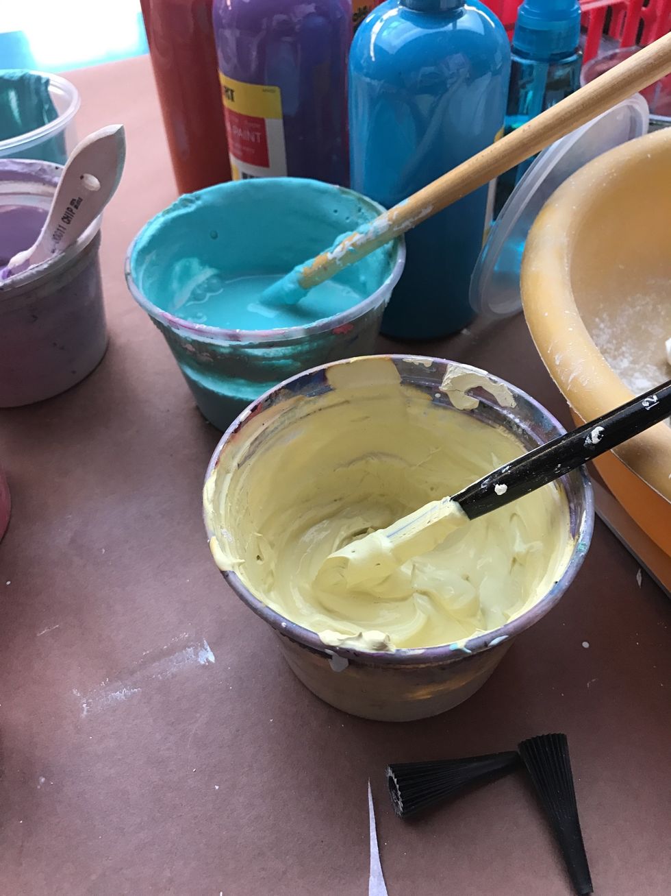 Mix clay and water - equal parts. Add tempera paint or pigments for color. Paint must be without a drying agent. No acrylic. No oil.