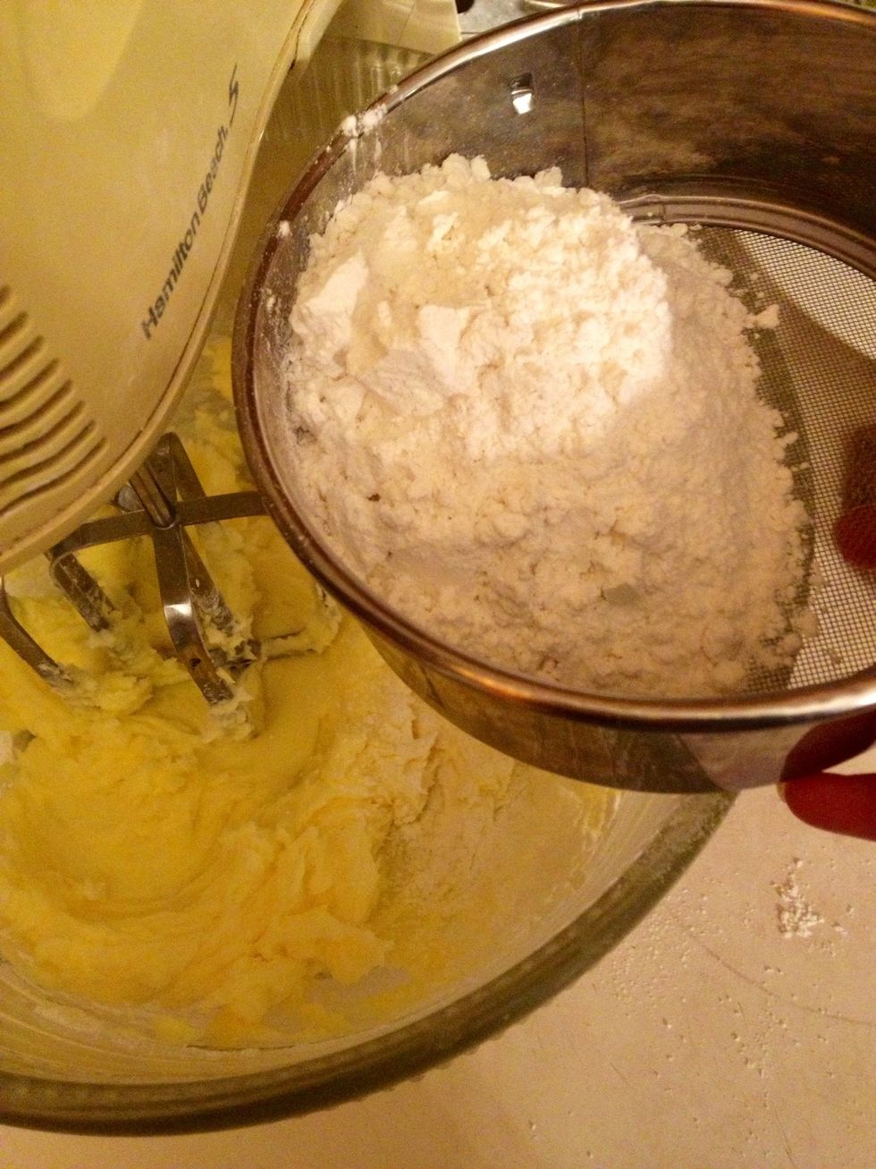 Mix corn flour, cake flour and baking soda together, than filter it into the butter mix