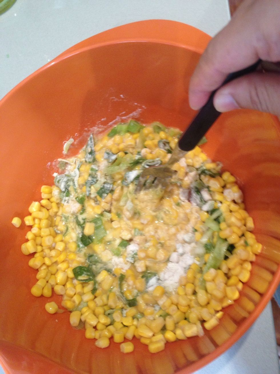 Mix corn, flour, water, eggs, spring onions, salt and pepper in a large mixing bowl until well combined.