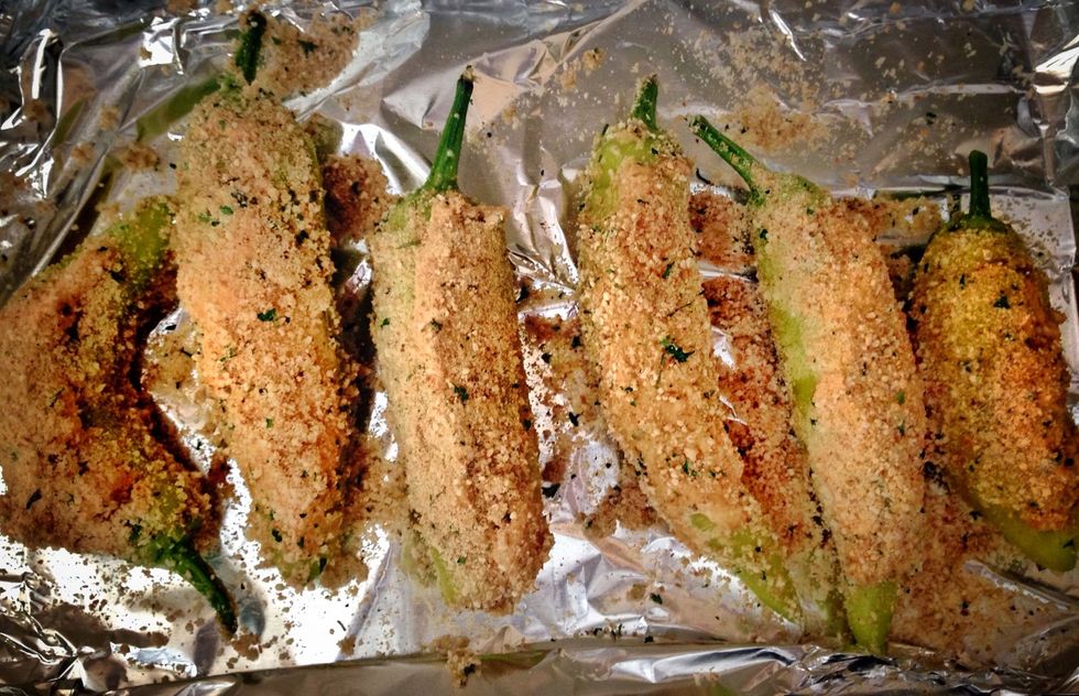 Mix cream cheese, cheese, paprika and cayenne pepper together. Stuff each pepper with the mix.