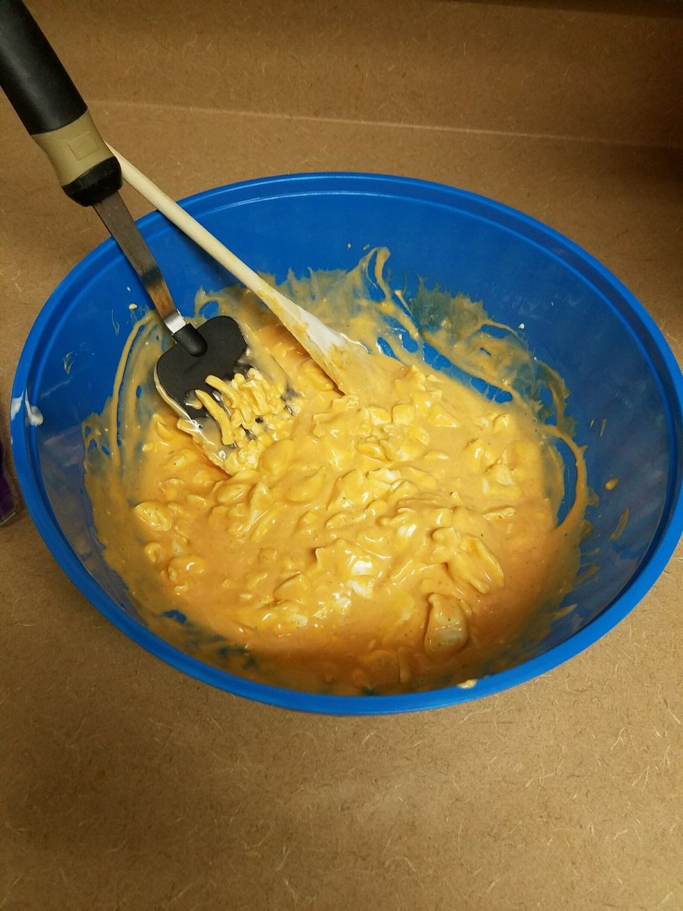 Mix cream cheese, ranch, and hot sauce with mixer or spoon