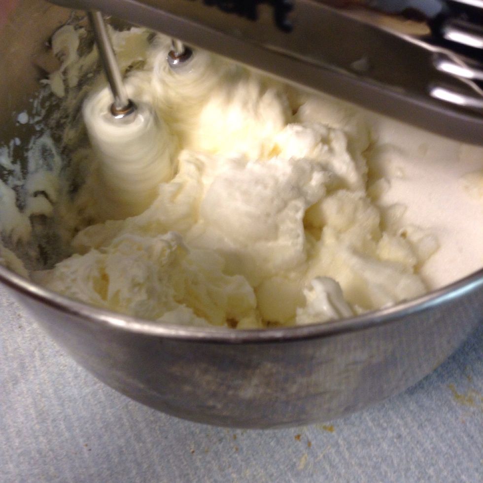 Mix cream cheese, sour cream, and sugar. Also beat in eggs one at a time.