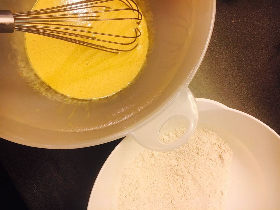 Mix dry (except cinnamon) and wet ingredients in separate bowls