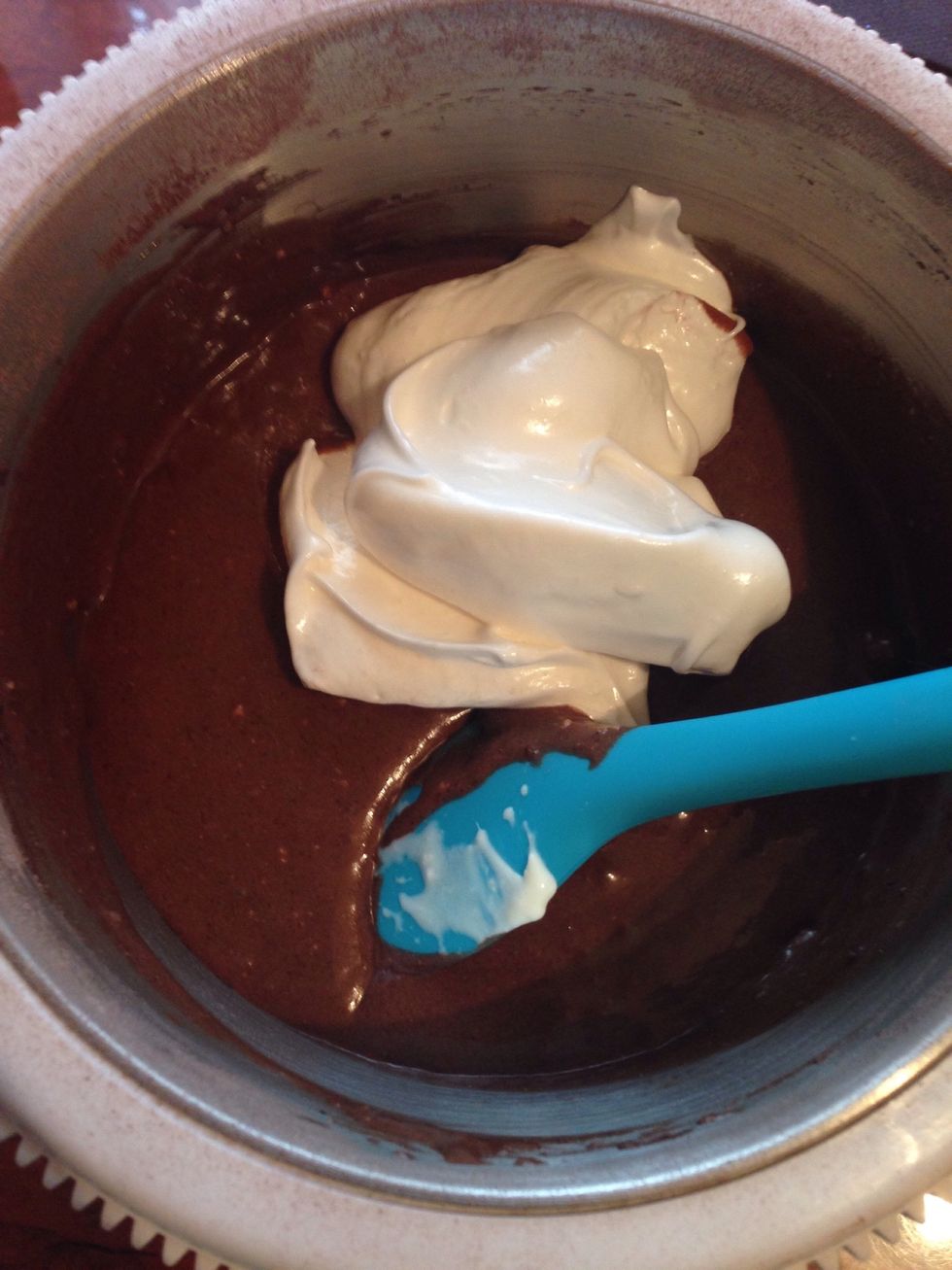 Mix dry ingredients( coca, flour, soda) and carefully fold in egg whites