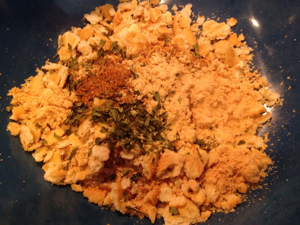 Mix dry ingredients in a large bowl (crackers, parsley, Old Bay & dry mustard)