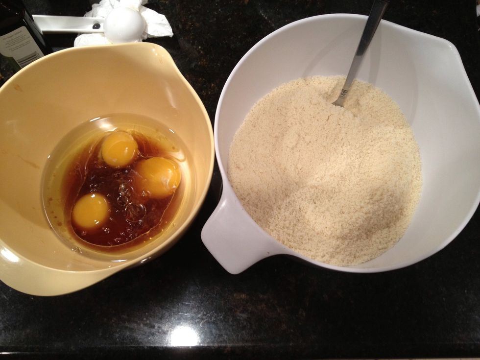 Mix dry ingredients in one bowl and wet ingredients in another