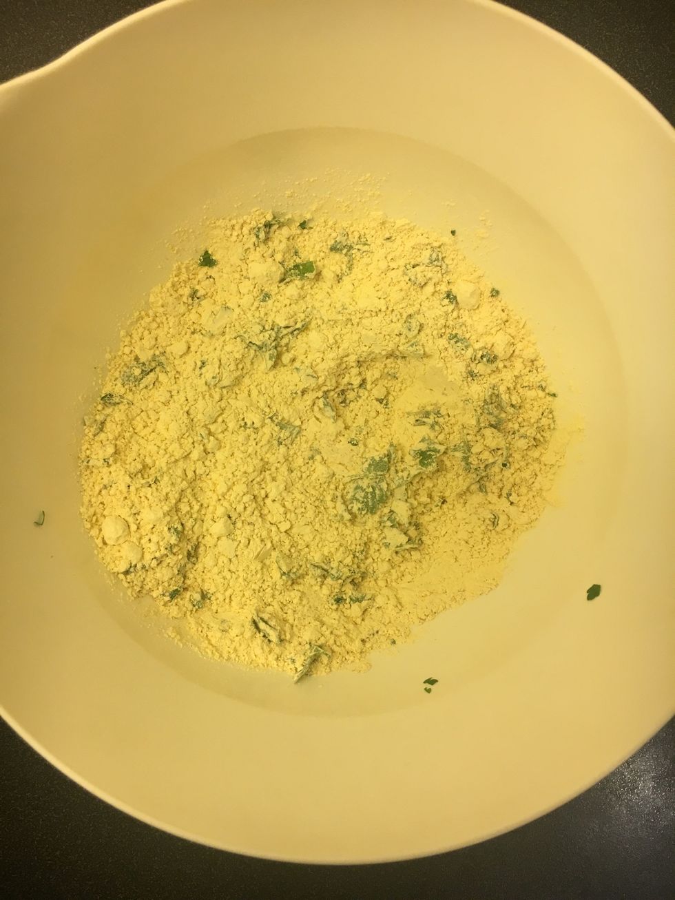 Mix dry ingredients together with 2tbs of the chopped coriander