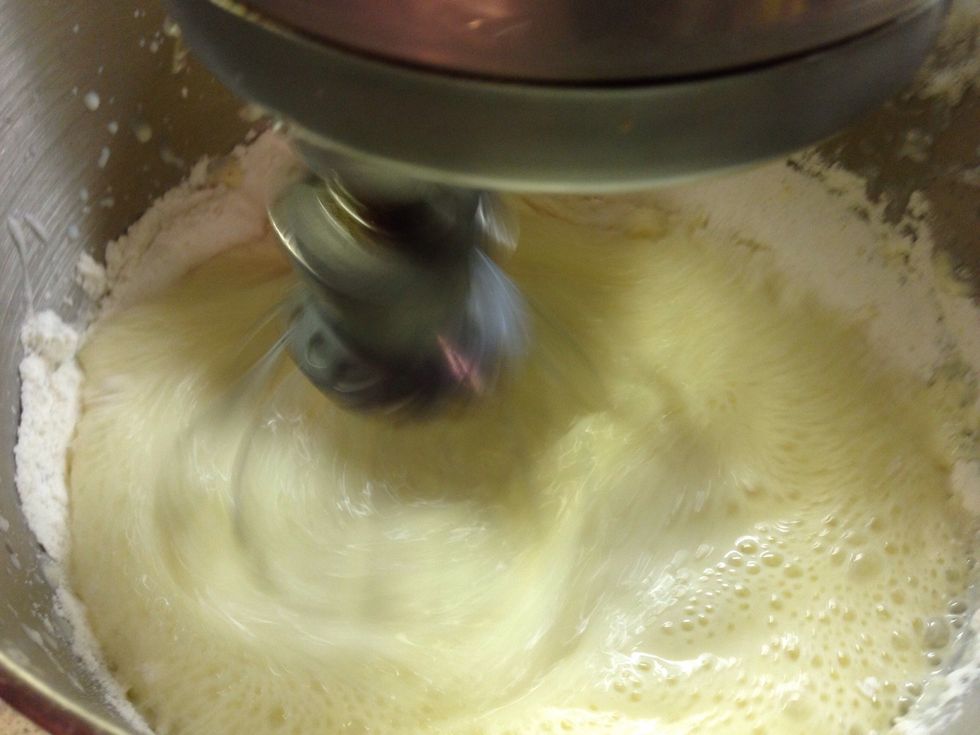 Mix dry ingredients with egg yolks and buttermilk. Mix in medium low for 30-40 seconds.