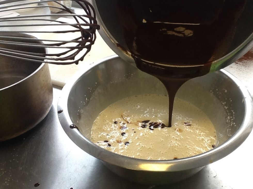 Mix egg and flour mixes together to make the brownie mix.