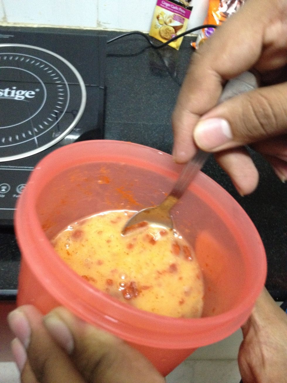 Mix egg, chilli powder, salt and beat until it is mixed completely