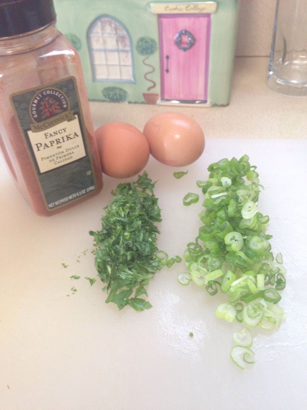 Mix eggs, green onion, cilantro, paprika, milk, salt and pepper in a wide bowl
