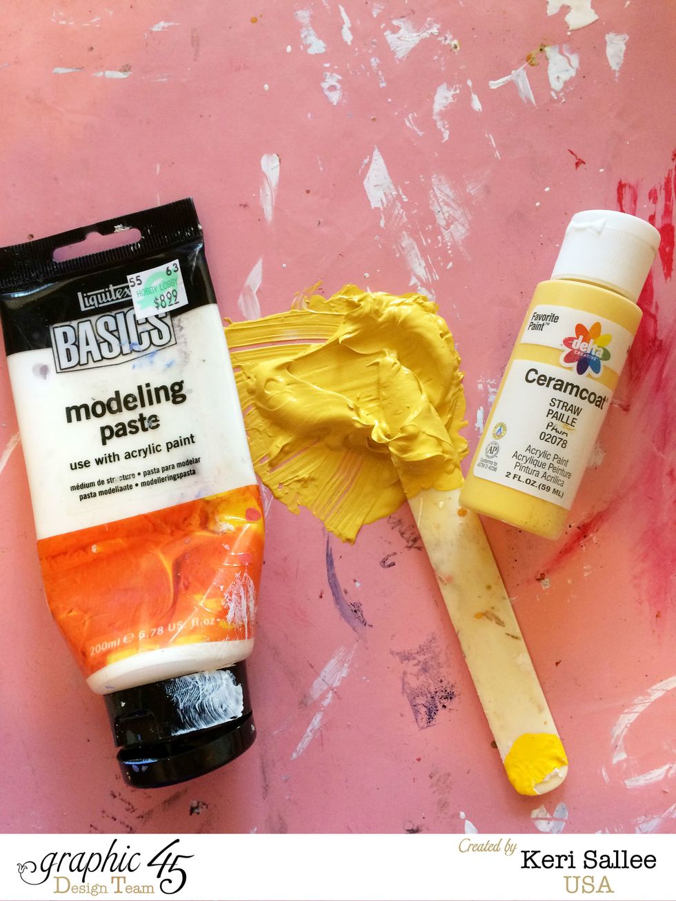Mix equal parts modeling paste and acrylic paint. It's best to mix on a non-stick mat (or wax paper) with a bone folder or other non-porous stick. It's best not to use a paint brush.