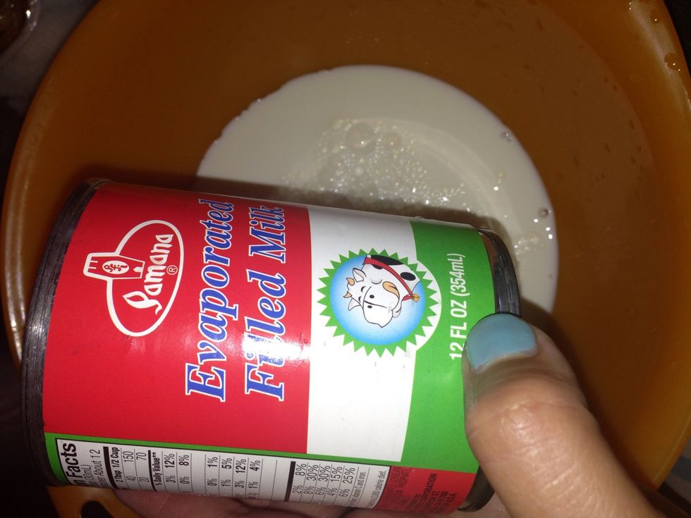 Mix evaporated milk and Condensed milk (or sugar)