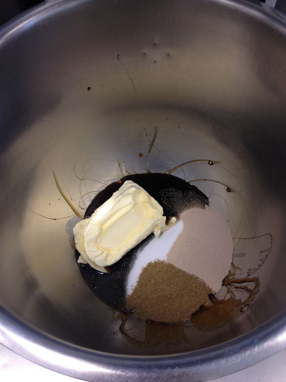 Mix everything but flour in a bowl of choice. I'm using a large mixer for this one. Remember to use water that are slightly warmer than body temperature when baking with dry yeast to activate it.