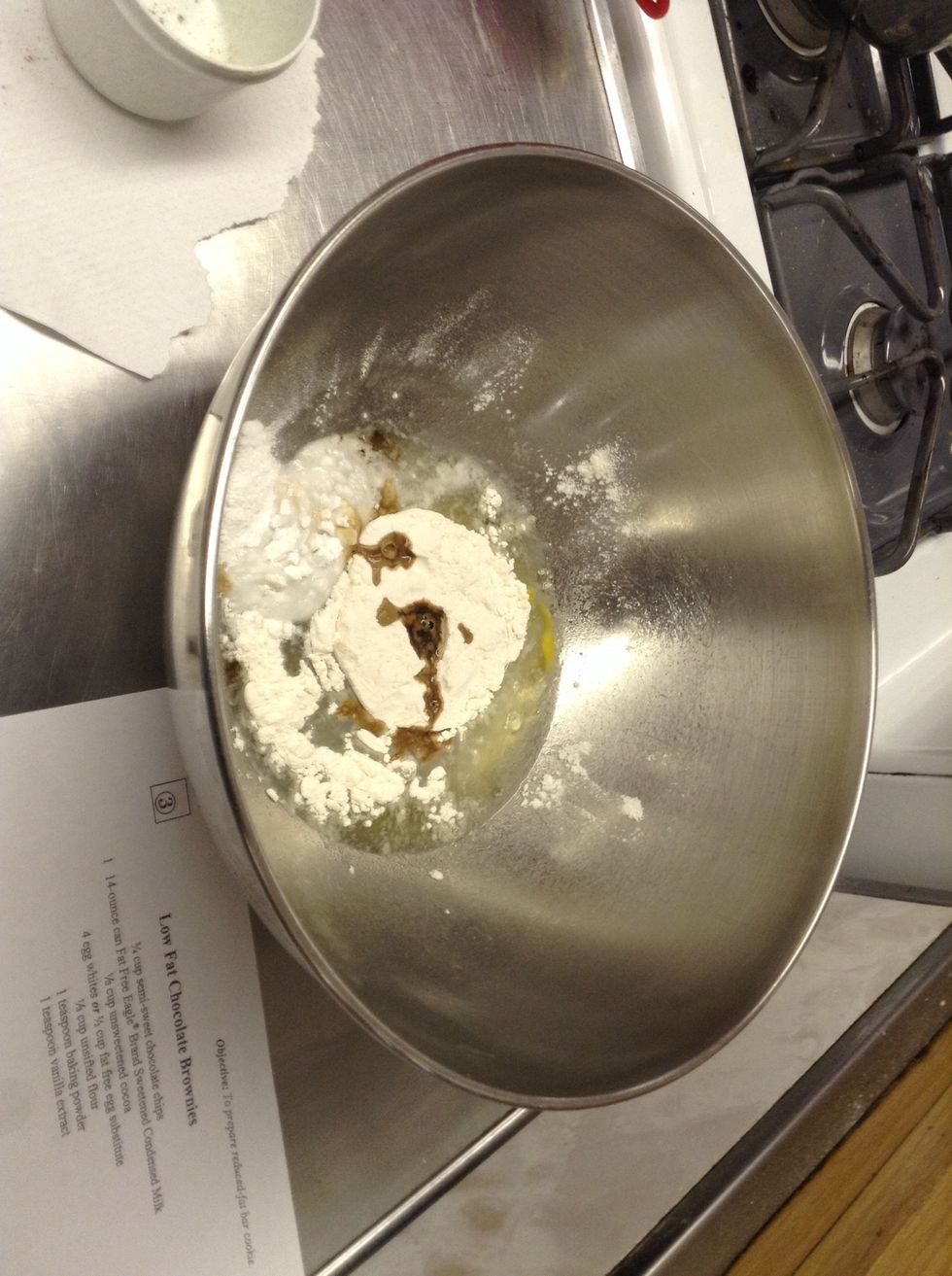 Mix everything but the condensed milk and cocoa powder
