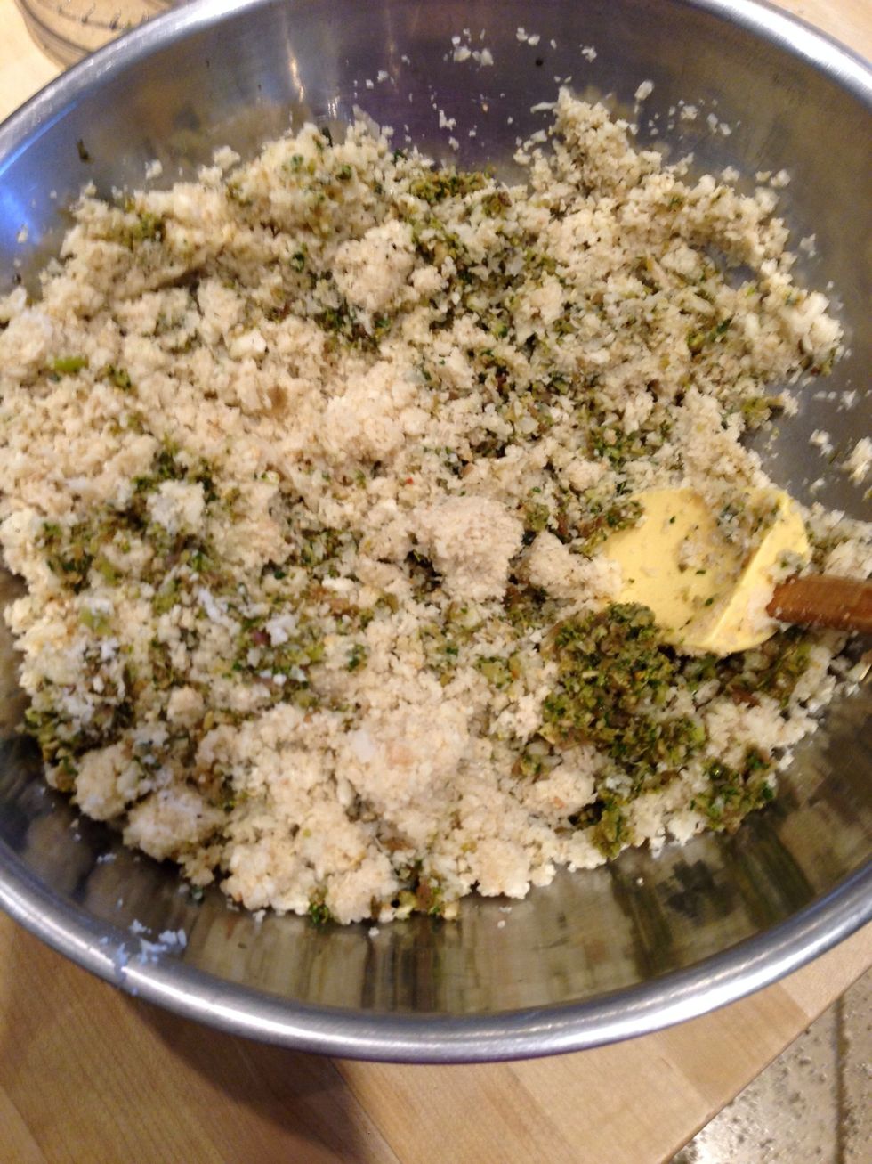 Mix everything in large bowl with spatula or large fork. Don't overdo so as not to make mush.