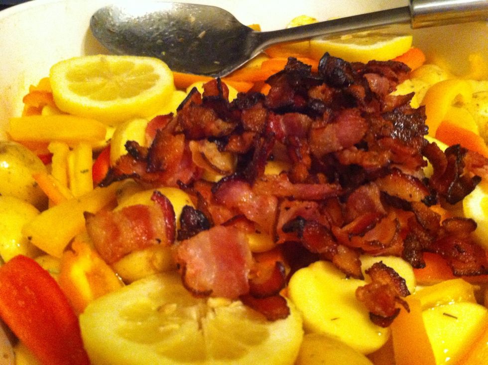 Mix everything into baking tray with some additional olive oil and bake covered at 375* until the potatoes taste done (45min or so)