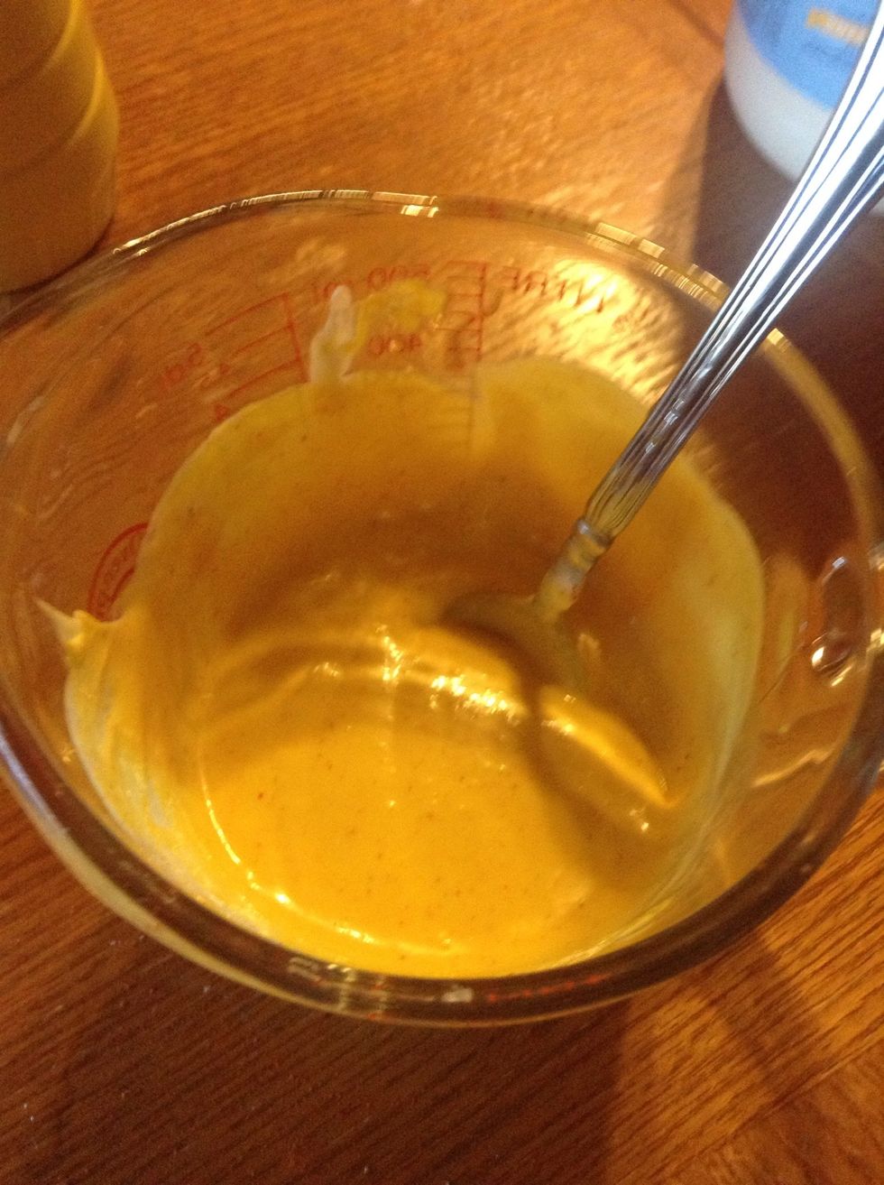 Mix everything together and be sure to get along the edges.  Enjoy your honey mustard.  I typically keep mine in a jar for a few additional days after I first make it and enjoy it with other meals.