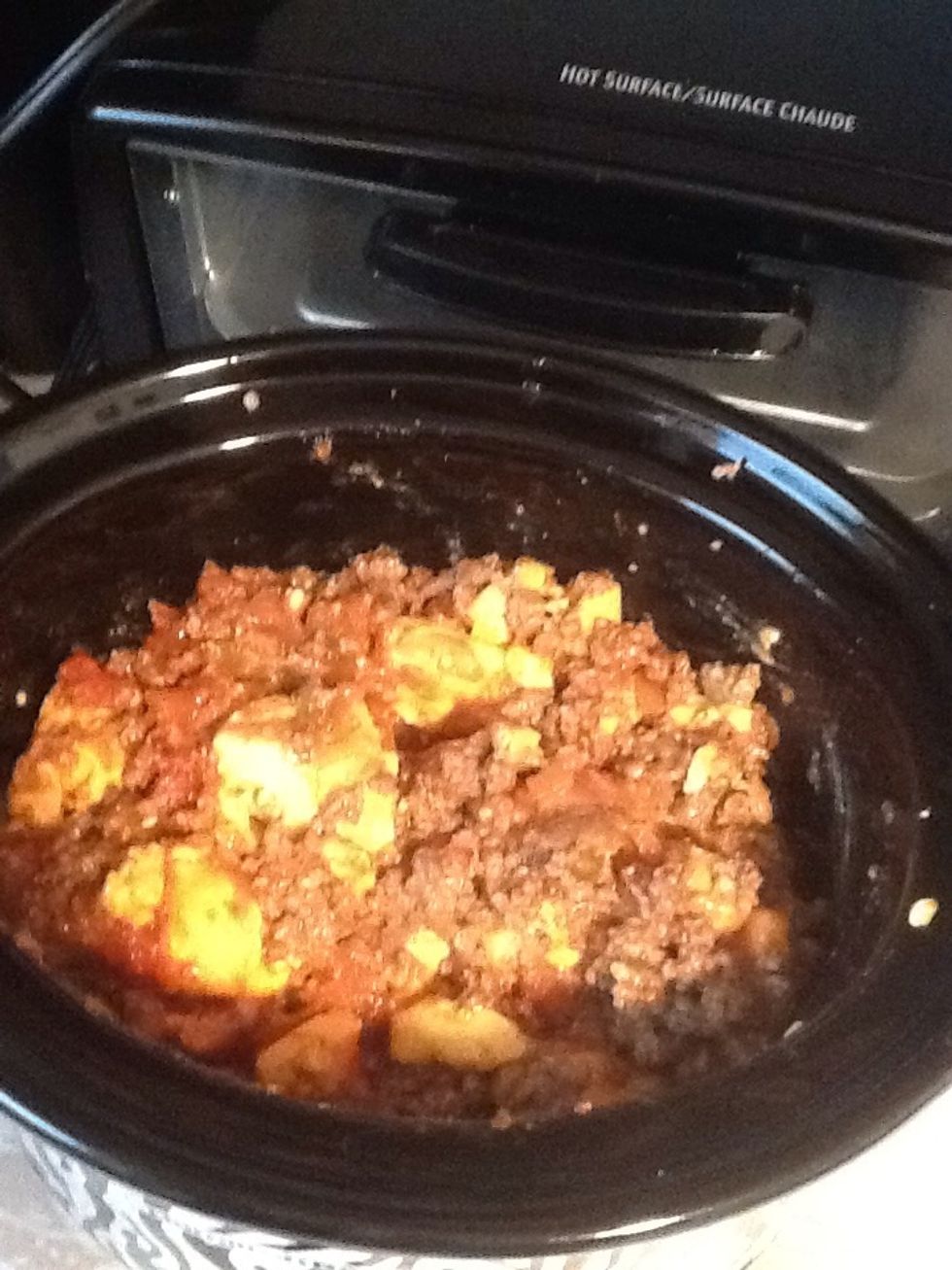 Mix everything together and you can set your crock pot to high or low which ever you want.