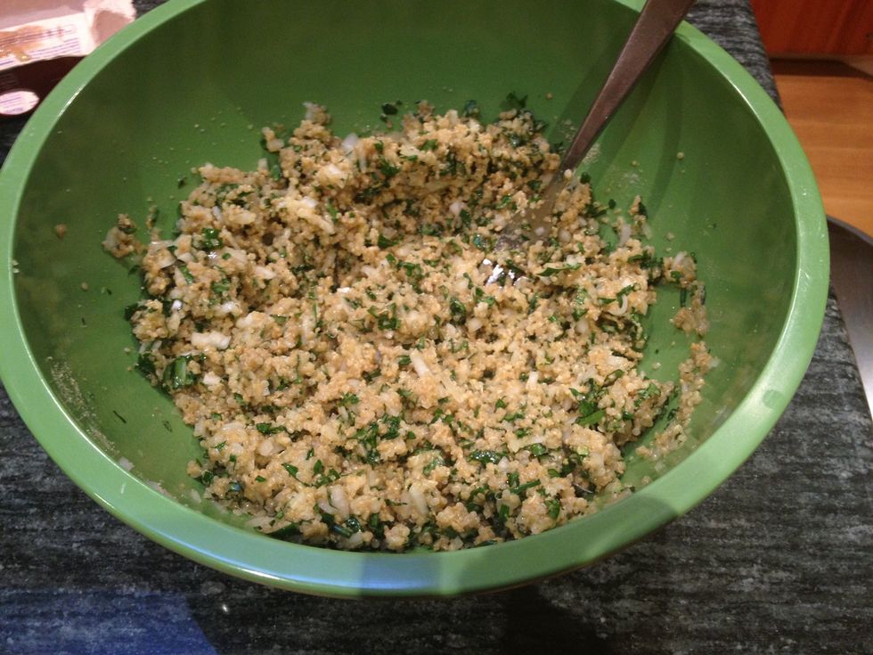 Mix everything up, and let sit for 2 or 3 minutes. You can actually see the mixture expanding, as the bread crumbs absorb the moisture.