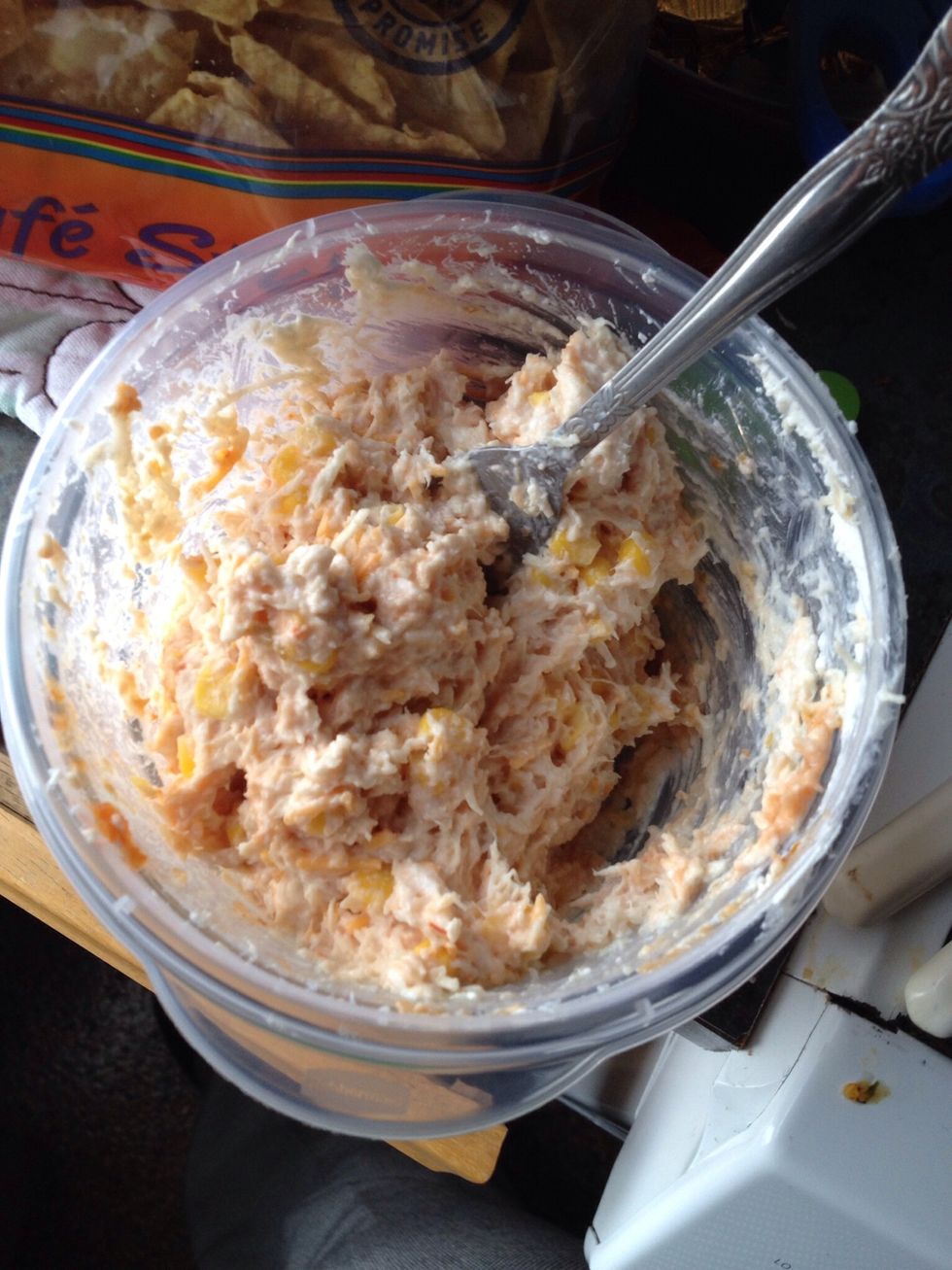 Mix everything up. I usually warm the cream cheese a little so it's easier to mix. A third of the package depending on how many you're making. Salsa to taste.