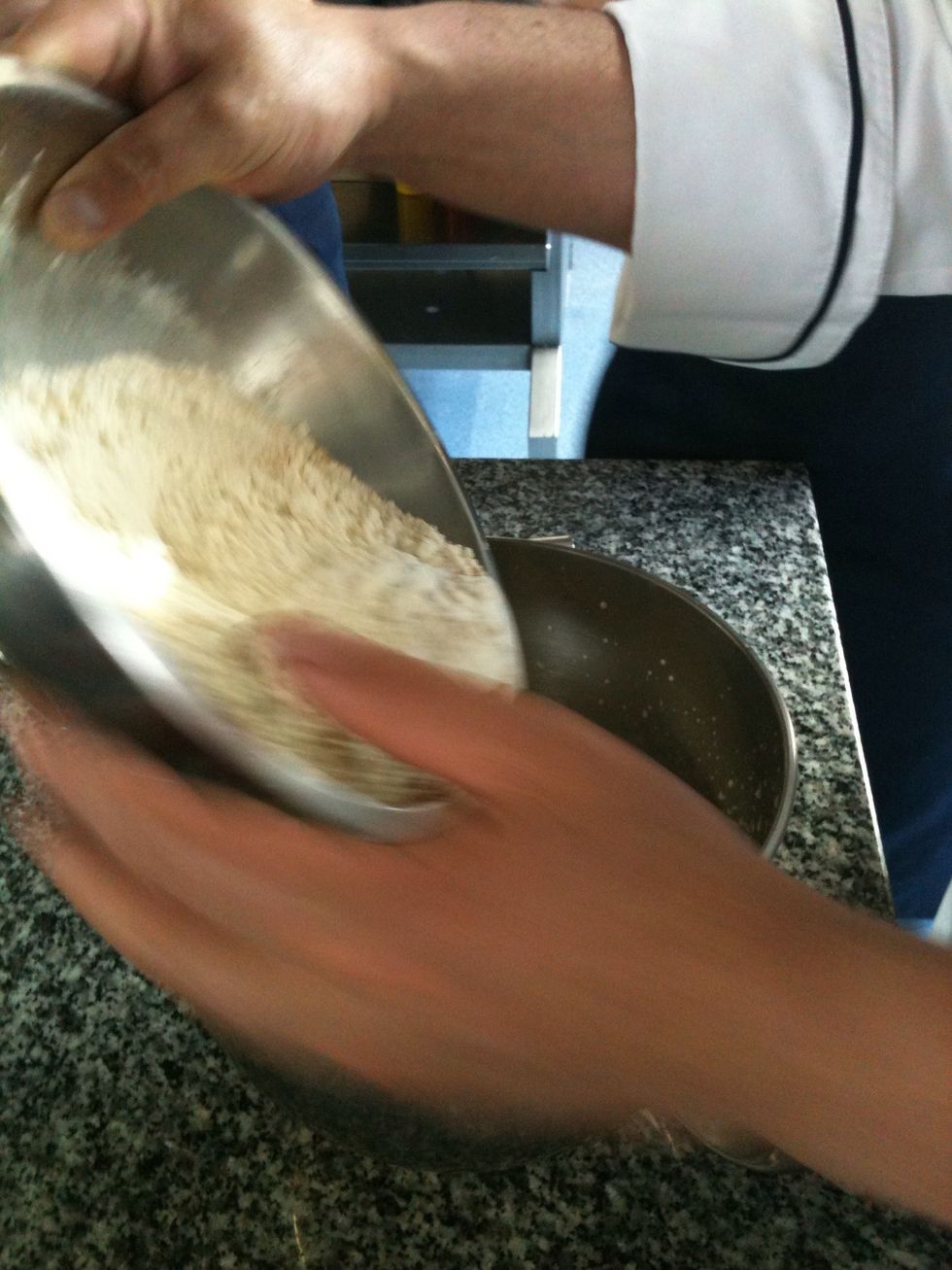 Mix (flour, baking powder, and cinnamon powder) with the mixture.