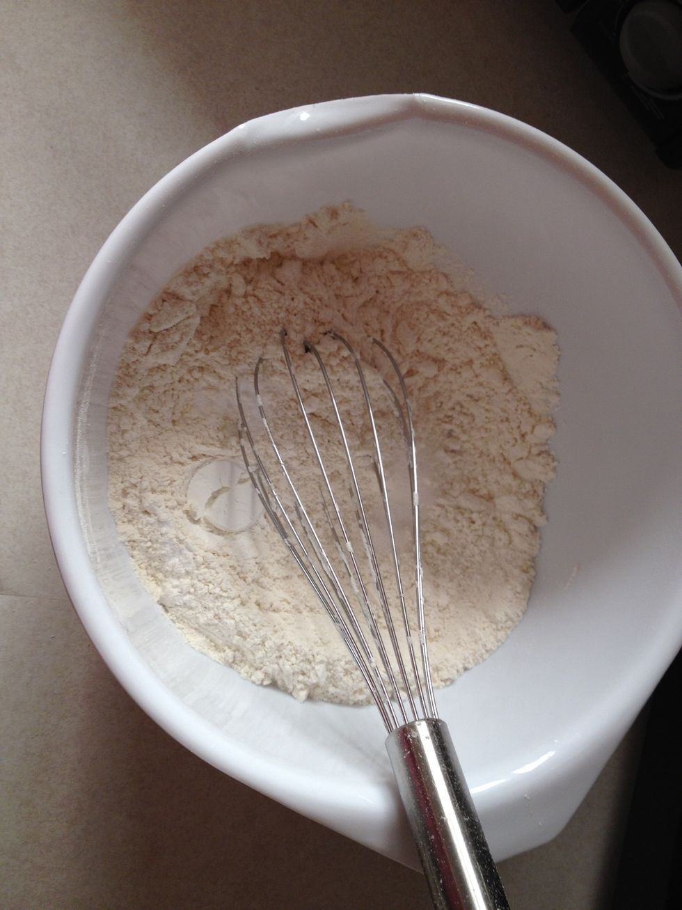 Mix flour, baking soda, baking powder, and salt together.