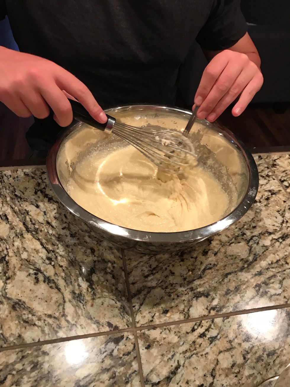 Mix flour, butter, sugar, eggs, vanilla, and baking soda