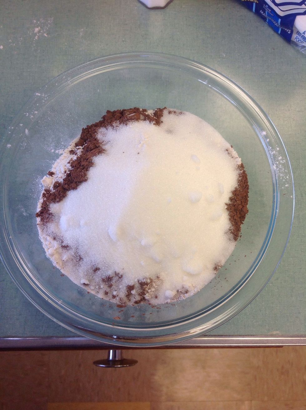 Mix flour, cocoa, baking soda, salt and sugar together in a big bowl.