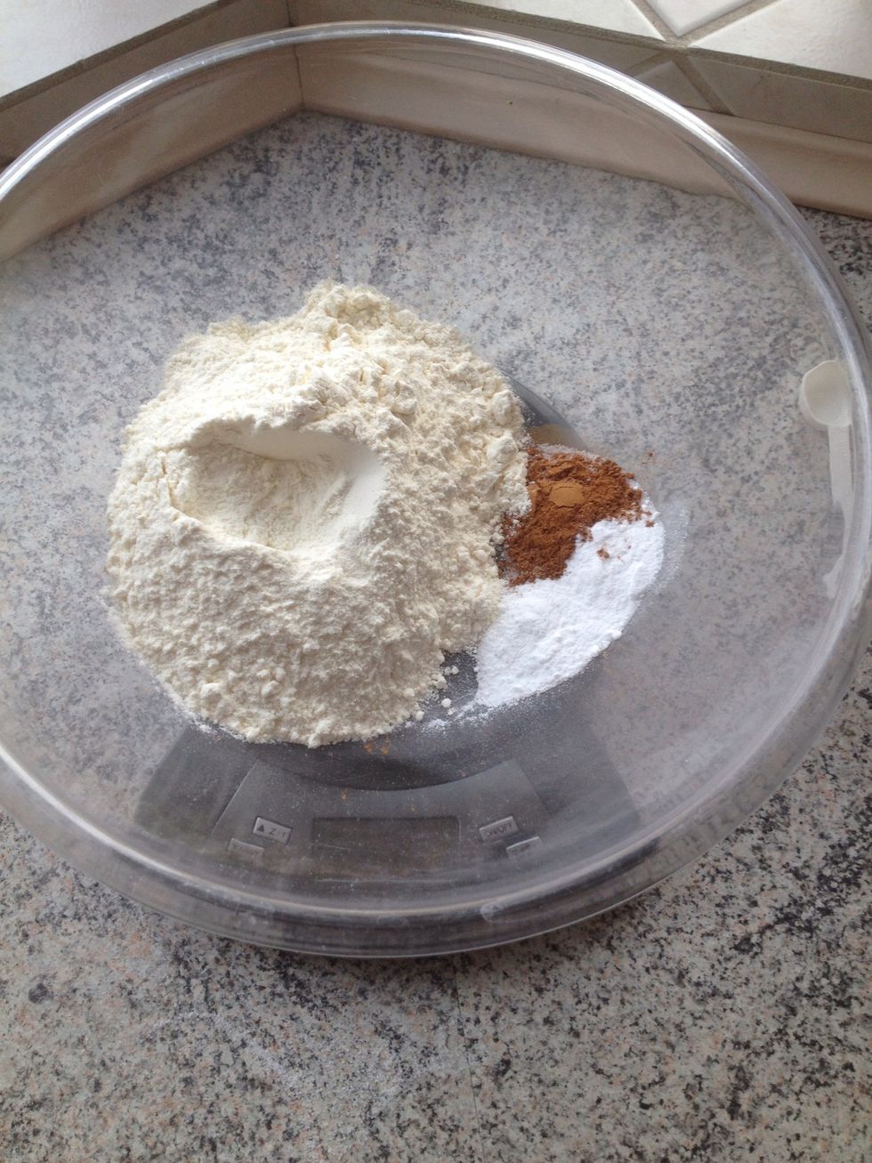 Mix flour, salt, cinnamon and baking powder together