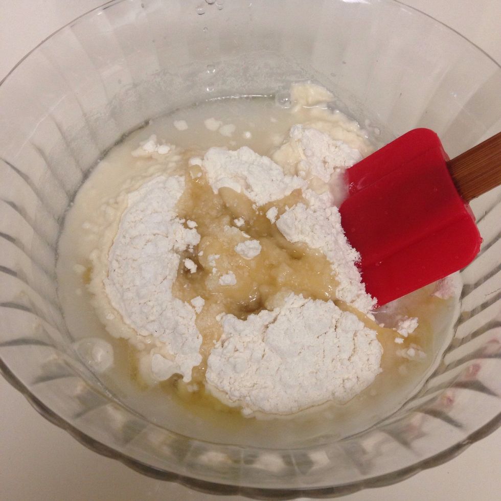 Mix flour, water, salt and olive oil. You may end up need more or less water. I don't really use measurement tools.