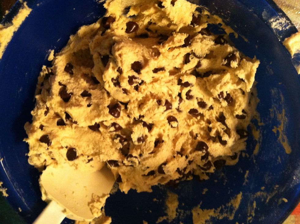 Mix/fold in the chocolate chips just so they are even throughout the mixture