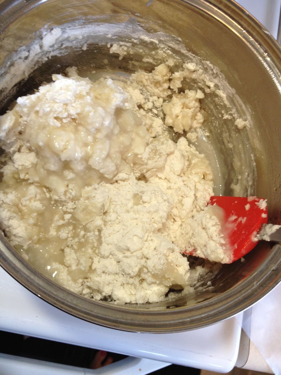 Mix gently until all the flour is wet. Some little blotches of dry flour is okay.