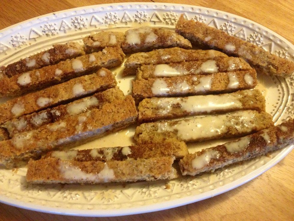 Mix glaze ingredients and drizzle over cooled biscotti.